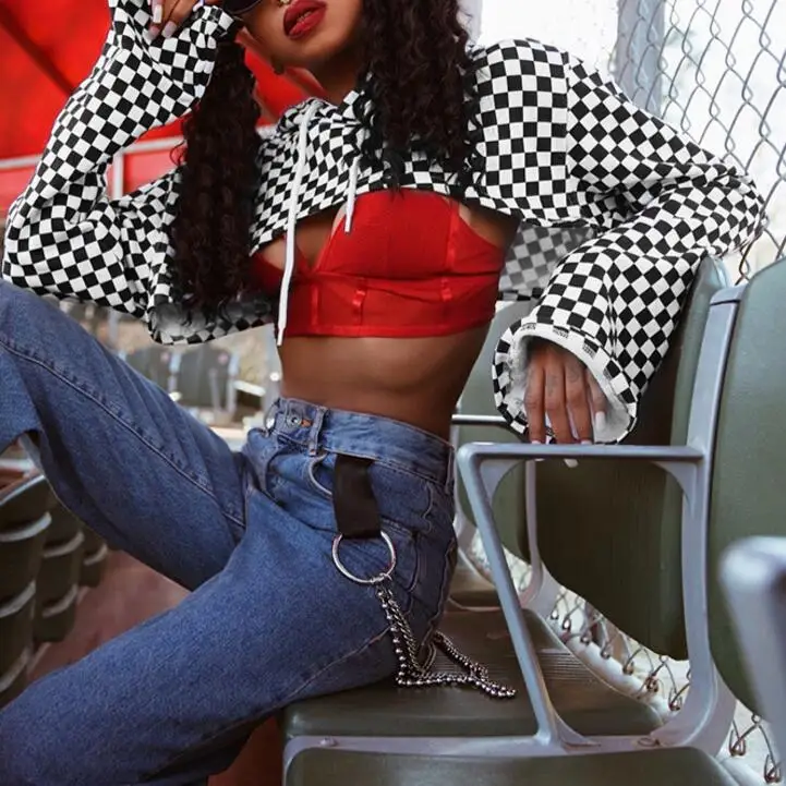 Женский короткий топ свободный хлопковый с капюшоном и длинным рукавом|Футболки|