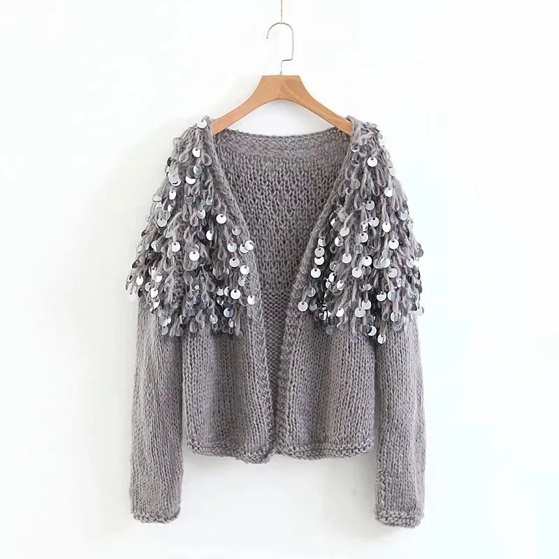 Hand Knitted Beading Cardigan Women Fringed Sweater Loose 3D Sequined Tassels Coat Hollow Wool Circles Jacket Tops |