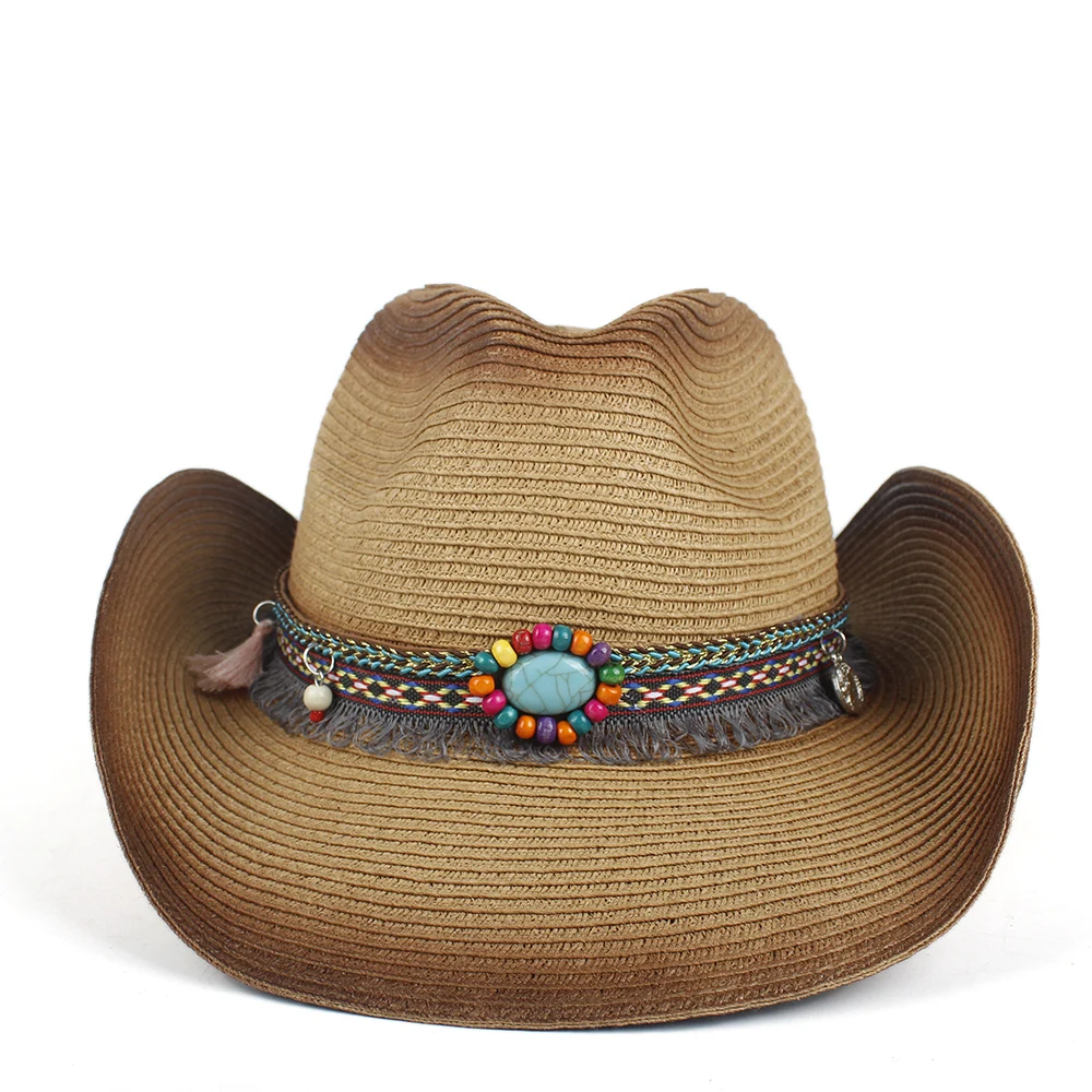 Western Cowboy Hat Women Summer Straw Bohemian Tassel Sombrero Hombre Beach Cowgirl Jazz Sun Size 57-59CM | Аксессуары для одежды