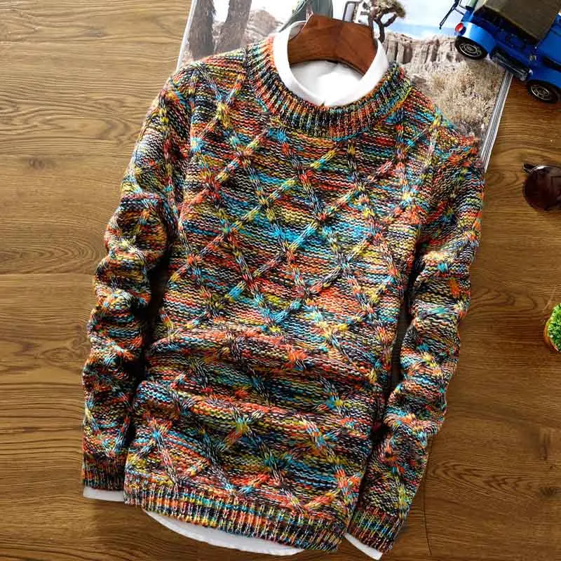 multi color Новинка, модный мужской Рождественский свитер, Повседневная приталенная Мужская одежда, вязаные пуловеры с длинными рукавами, зимний толстый свитер для мужчин - Цвет: multi color