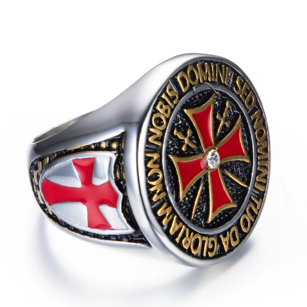 Мужское кольцо из нержавеющей стали с красным крестом и фианитом|templar cross ring|cross