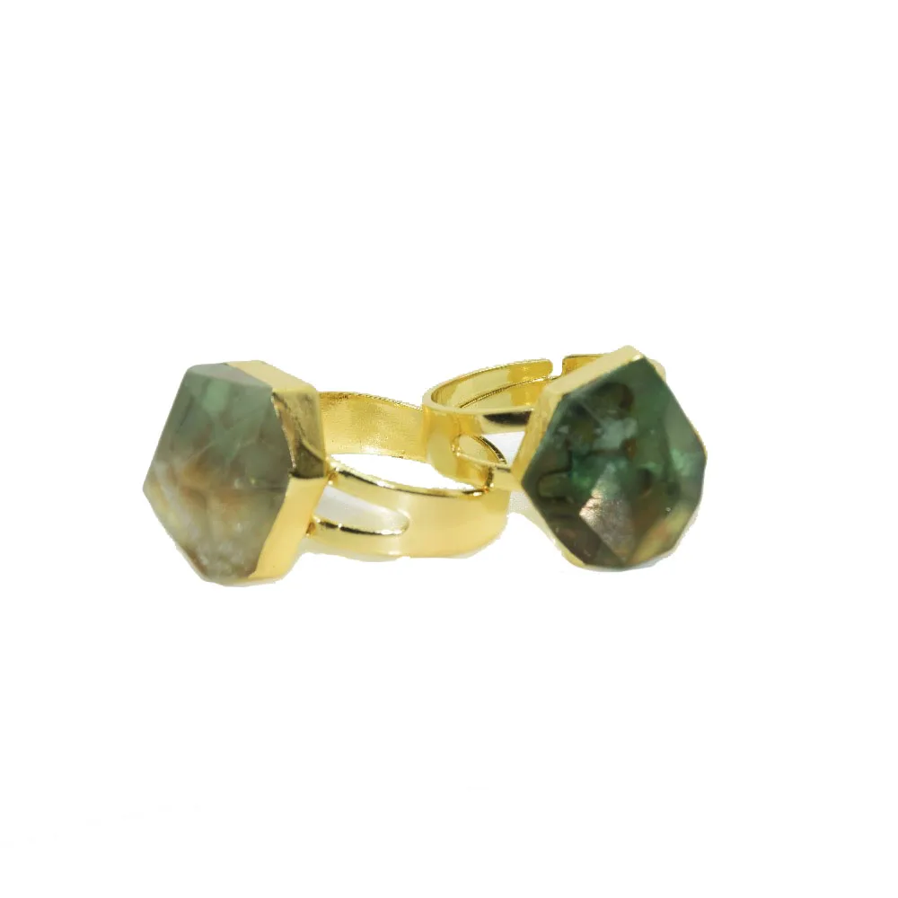 1pc Green Quartz Crystal Natural Gem Stone Adjustable Rings men gold bezel rainbow fluorite charm rings for women jewelry gift