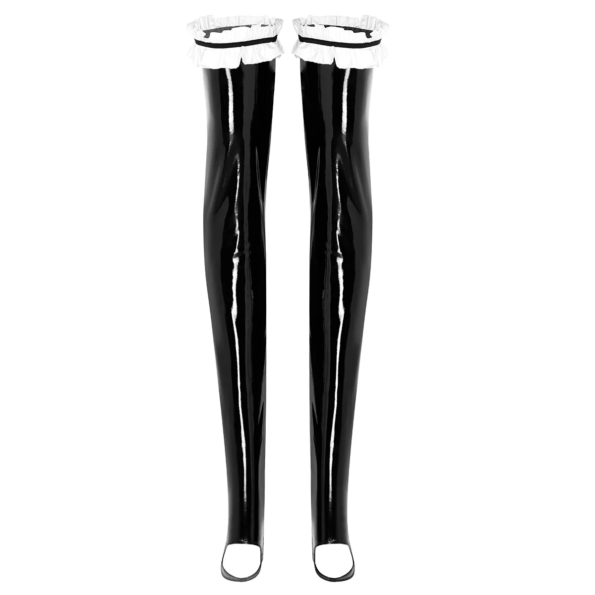 

iiniim Women Sexy Latex Tights Pantyhose Wet Look PVC Leather Thigh High Lace Ruffled Stockings for Party Club Wear Hot Lingerie