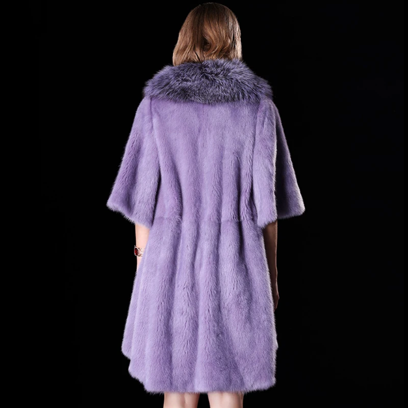 Ftangaiur 2021 Women Import Mink Coat Causal With Fox Fur Collar Half Sleeve Jacket Women's Long Real Coats | Женская одежда