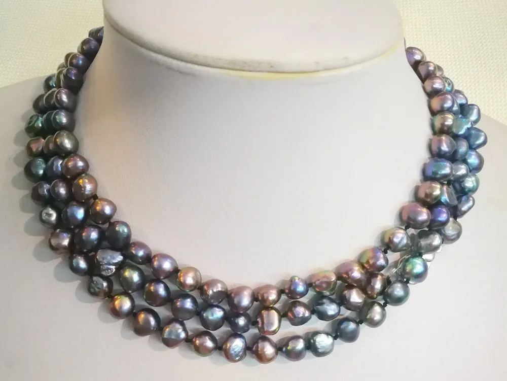 

3 Rows Women Jewelry natural pearl 10mm black gray brown green purple baroque freshwater pearl necklace gift