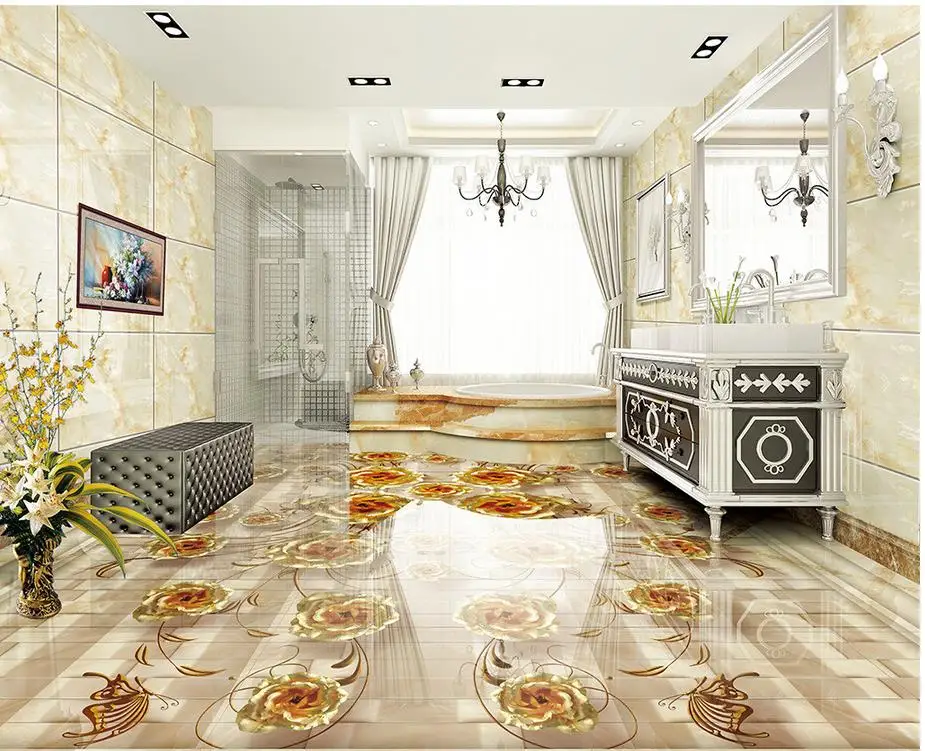 Золотые розовые мраморные 3D напольные ПВХ обои 3d для ванных комнат украшение