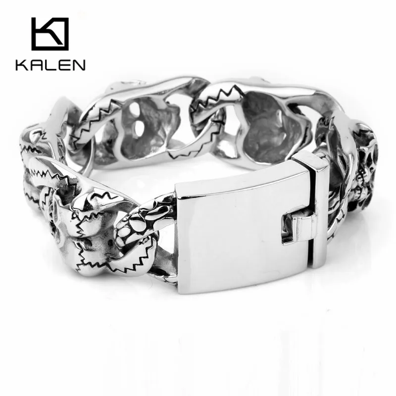 Kalen, 20 см, нержавеющая сталь, тяжелая массивная цепочка, мужские браслеты, панк-рок, двойной череп, голова, очаровательный браслет, ювелирный аксессуар