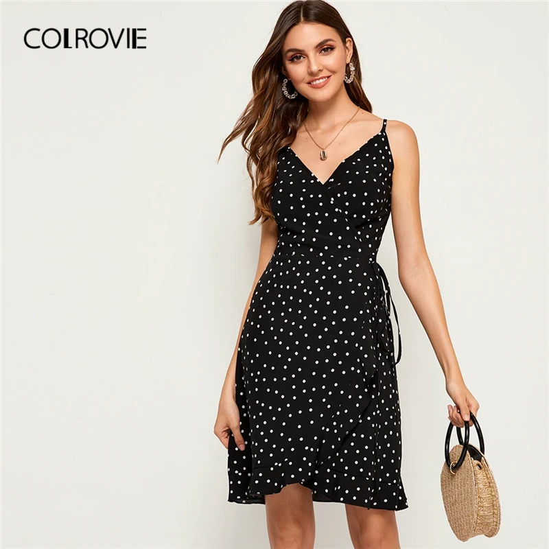 COLROVIE черно-белое платье в горошек на бретельках Boho, женское платье, летнее платье с высокой талией без рукавов, праздничное Повседневное платье миди
