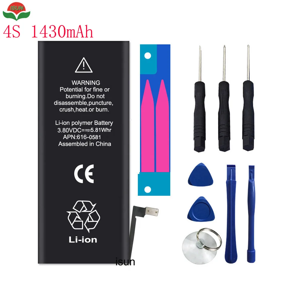 

Аккумулятор ISUN AAAA, 1430 мА · ч, 100%, Новый, 0 цикл, 4 S, для iPhone 4S, с бесплатными инструментами для ремонта
