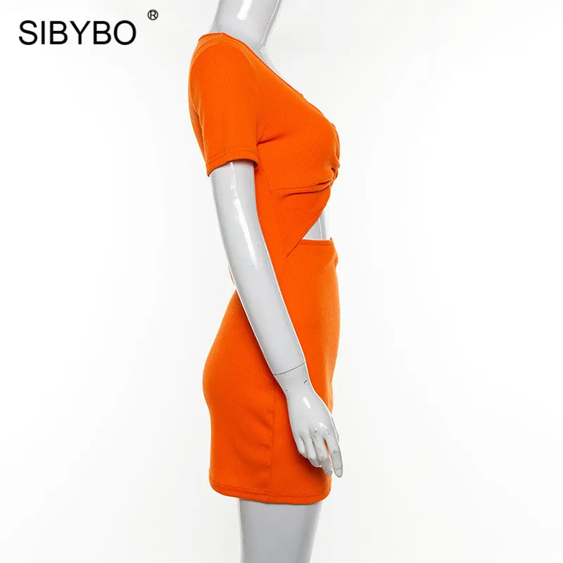 Женское платье перекрестными лямками Sibybo, открытое в рубчик, сексуальный бодикон с v-образным вырезом, облегающее однотонное мини-платье на лето, повседневная пляжная одежда