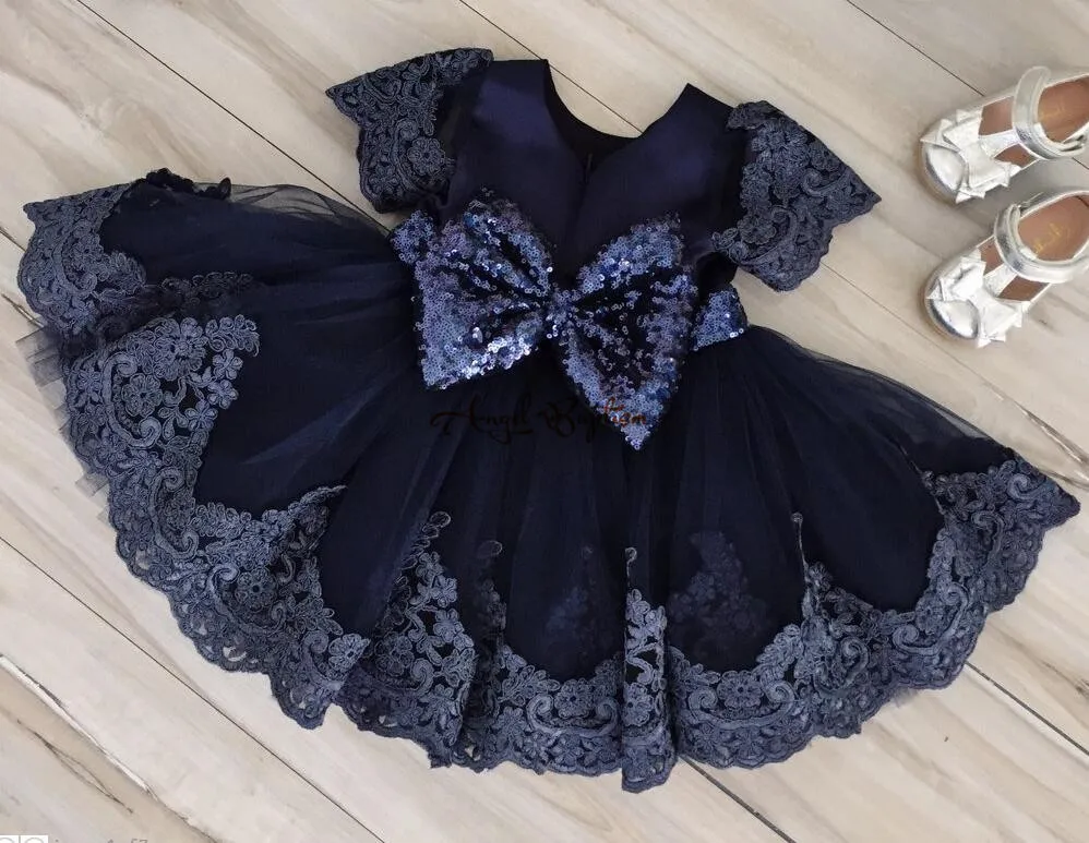 Navy blue lace tulle Flower Girl Dresses baby first Birthday knee length kid pageant prom party evening gown with sequin bow | Детская