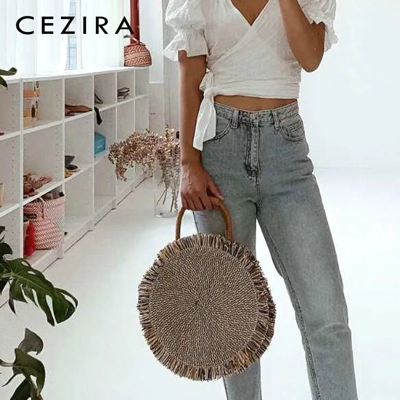 CEZIRA ручная работа Соломенная Сумка винтажная тканая сумка круглые Ретро