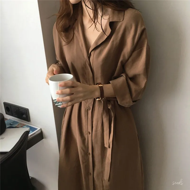 

New Summer Style Women Dresses Plus Size Fashion Trun-Down Collar Solid Casual Loose Sashes Dress For Women Larger One-piece