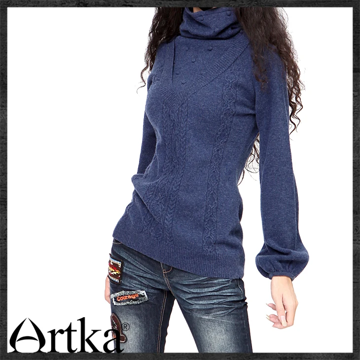 ARTKA Women'S Vintage Style Graceful Slim Turtleneck Pullovers Solid Wool Flowers Full Lantern Sleeve Winter Sweater YB15435D | Женская