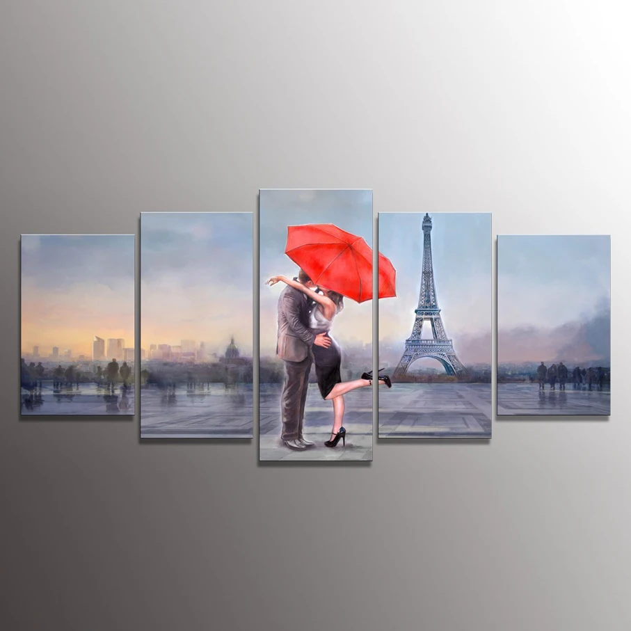 

Holiday gift Canvas Prints Love in Paris 5 Panels Oil Painting Print Wall Art Stretched and Framed Home Decor Modular Pictures
