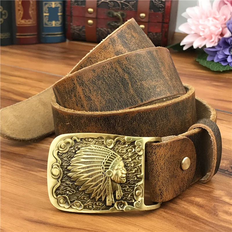 Brass Indian Chief  Belt Buckle Genuine Leather Belt Men Ceinture Homme Yellow Belt Men Male Strap Wide Jeans Belt MBT0424