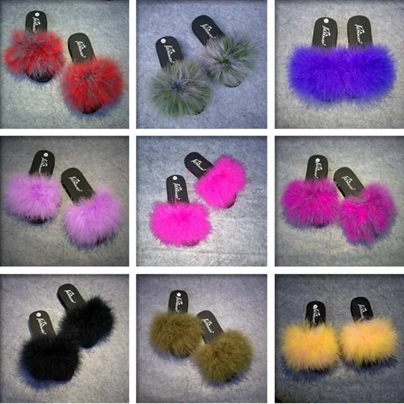Fur slides woman flip flops European brand design fur slippers colorful sandals beach shoes chaussure femme | Обувь