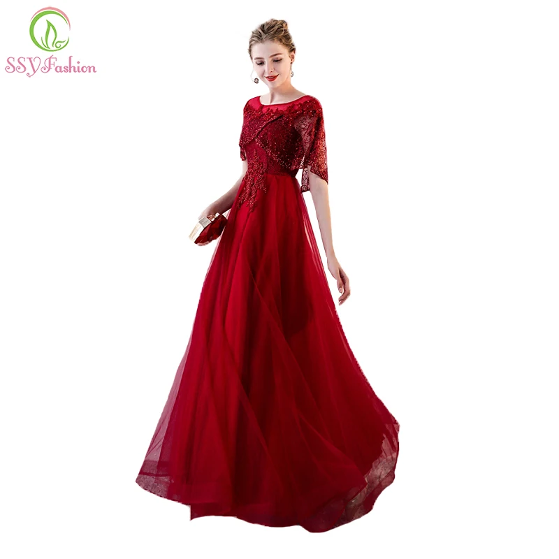 SSYFashion новый элегантный цвета красного вина кружева вечернее платье невесты