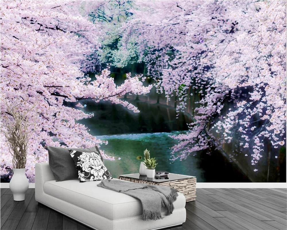 

Beibehang Custom wallpaper pink romantic cherry TV background wall beautiful modern living room bedroom background 3d wallpapers