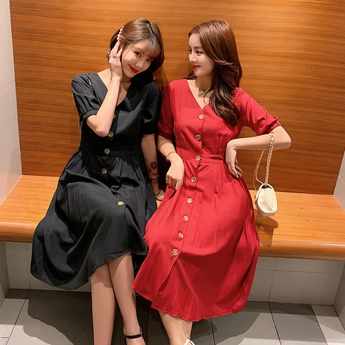 Korean Fashion V Neck Chic Summer Dress Brief Single Breasted A-line Dresses High Waist Casual Pocket Vestidos De Fiesta | Женская