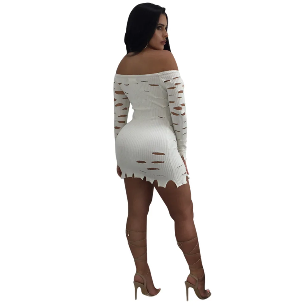 С открытыми плечами отверстия пакет хип вязать Bodycon платье Женщины Черный Белый