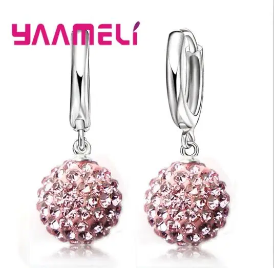 Pink Лучшие продажи, 925 пробы серебряные блестящие хрустальные серьги-кольца с шариком, ювелирные изделия,, Прямая поставка, Женские Ювелирные изделия - Окраска металла: Pink