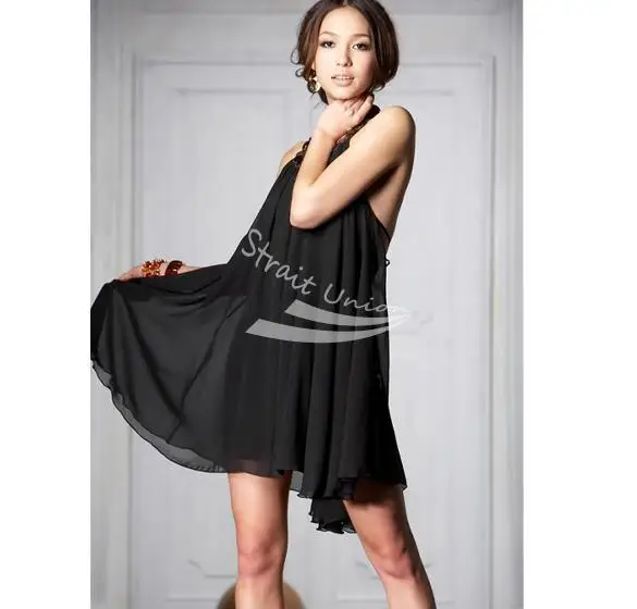 lady's Fashion Backless Jewel Halter Mini Chiffon Dress Black free shipping 2000 | Женская одежда