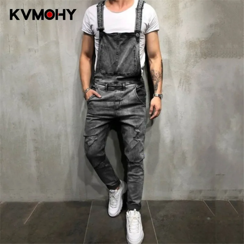 

Men's Jeans Blue Slim Snow Washed Denim Bib Overalls Casual Hole Ripped Suspenders Jumpsuits Cargo Torn Pants Biker Jeans