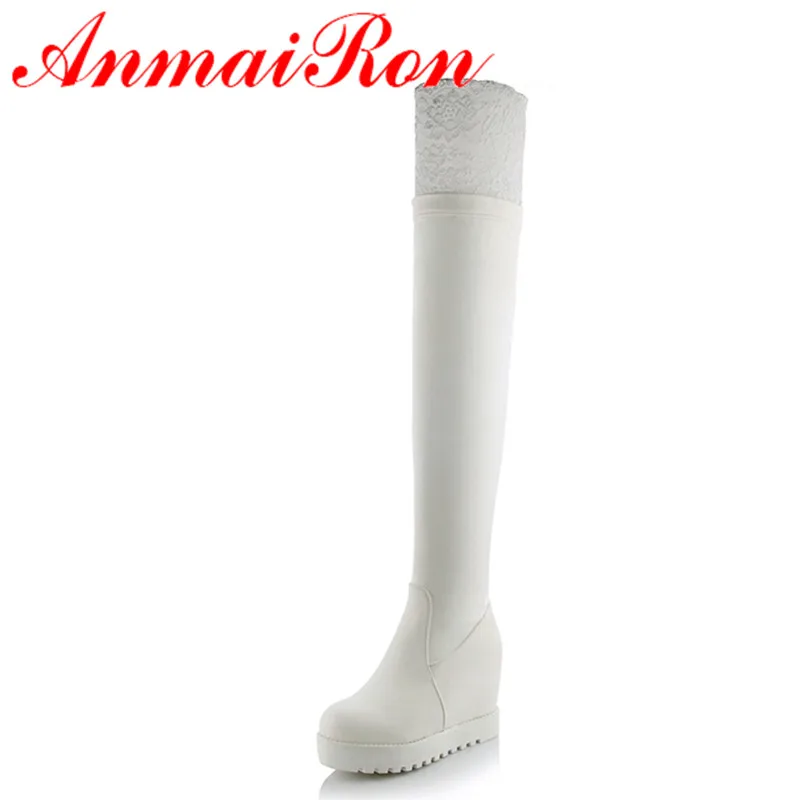 ANMAIRON 2 Colors White Shoes Woman Lace Charms High Heels Over the knee Boots for Women Winter Warm Long Fashion Platform Boots|shoe company