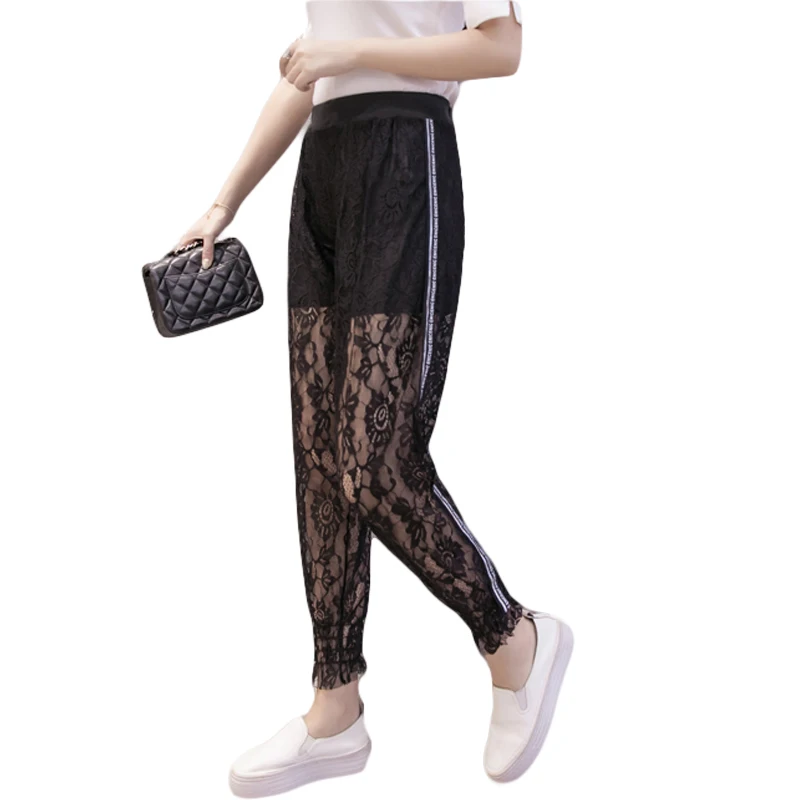 2018 Модные женские Серебристые золотистые брюки в полоску кружевные шаровары с