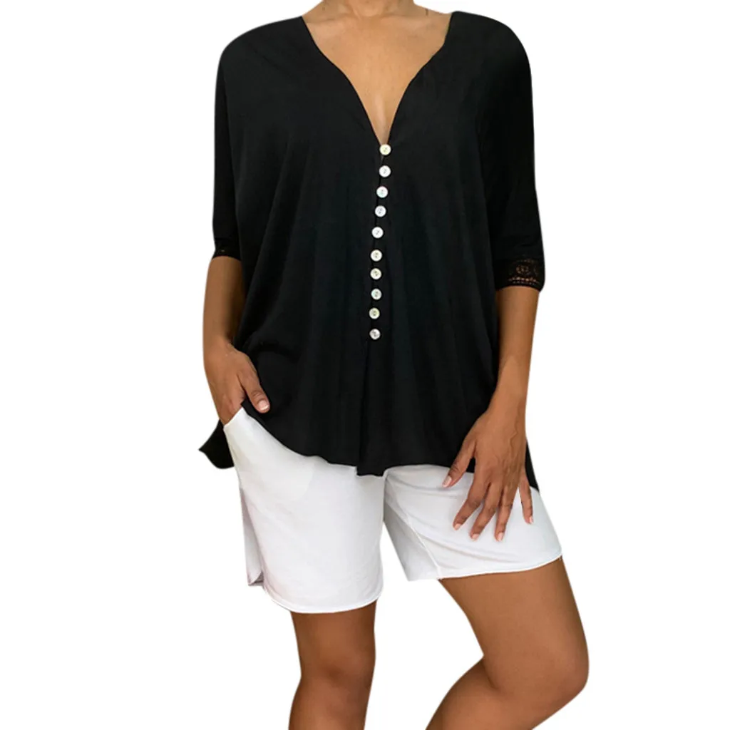 Женская рубашка однотонная с v образным вырезом длинным рукавом на пуговицах D300525