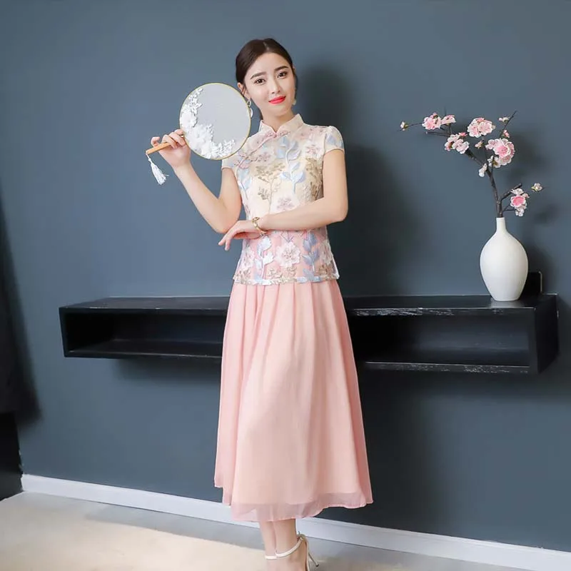 2018 новое летнее Длинное Платье женское Цветочная вышивка cheongsam кружевное