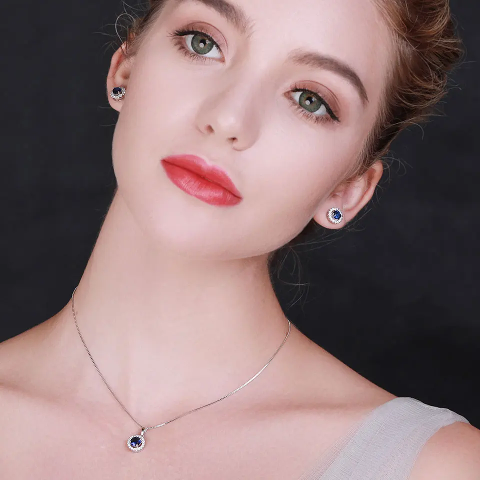 

UMCHO Real 925 Sterling Silver Jewelry Sets Created Sapphire Stud Earrings Necklace Elegant Birthday Gift For Women Fine Jewelry