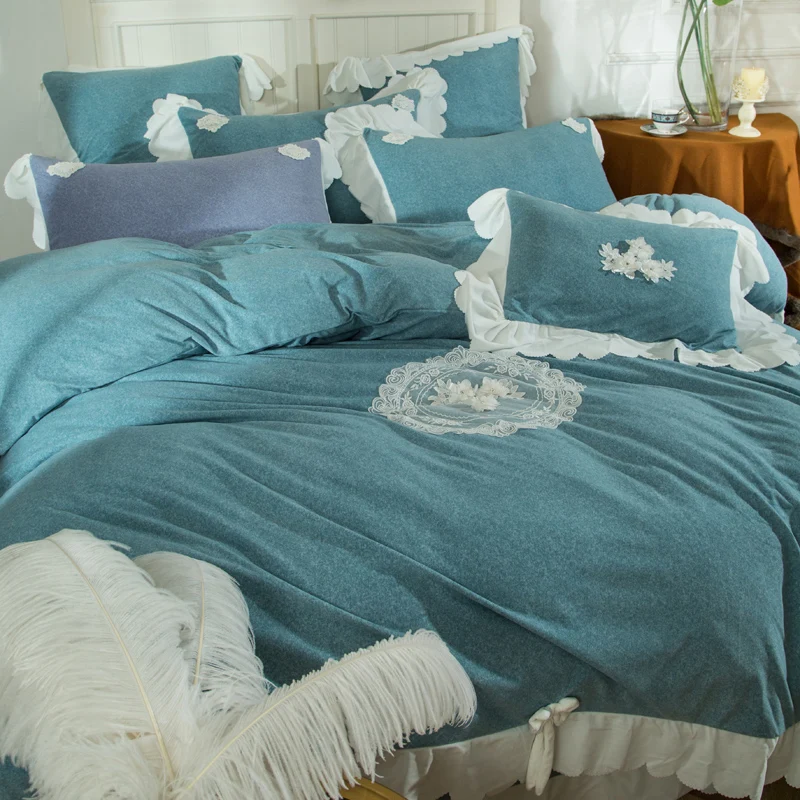 4Pcs Cotton wool hand-made lace Princess style luxury bedding sets queen king size duvet cover set pillowcase bedclothes | Дом и сад