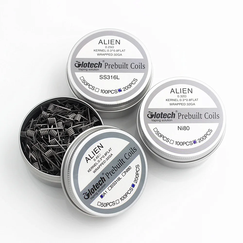 Фото Glotech 200 шт./лот Alien Clapton A1 SS316L Ni80 готовые катушки для DIY Vape RDA RBA 3 материала №1