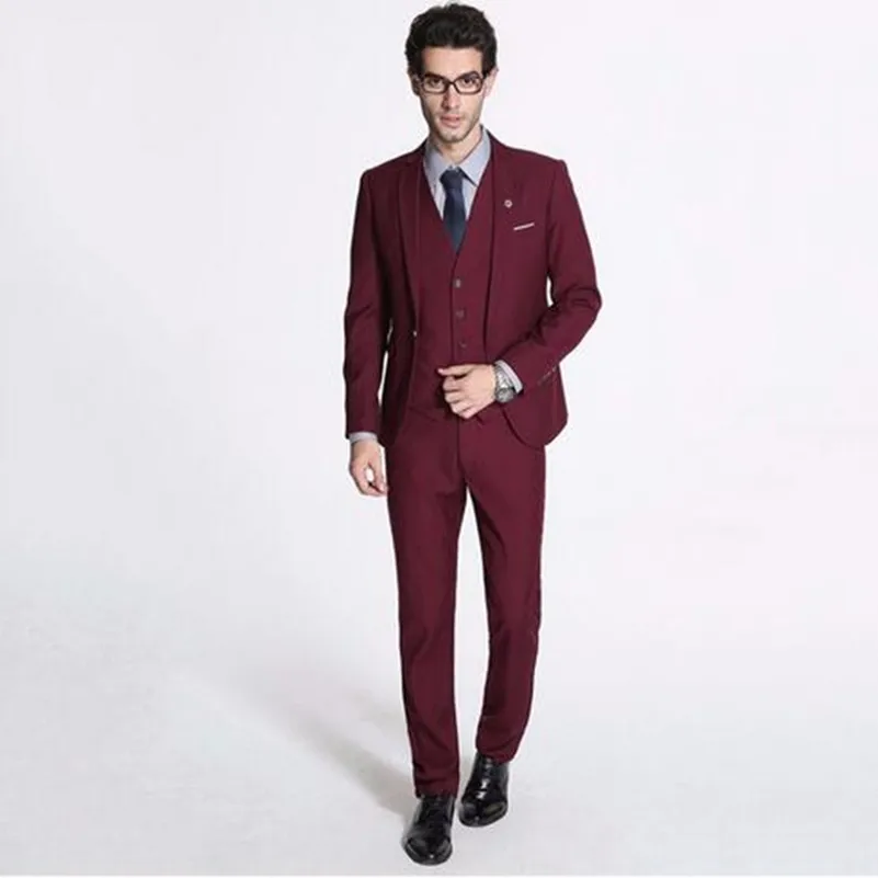 

BUrgundy Slim Fit Men Suits Wedding Tuxedos Three Pieces Business Mens Formal Wear Suit (Jacket+Vest+Pants)
