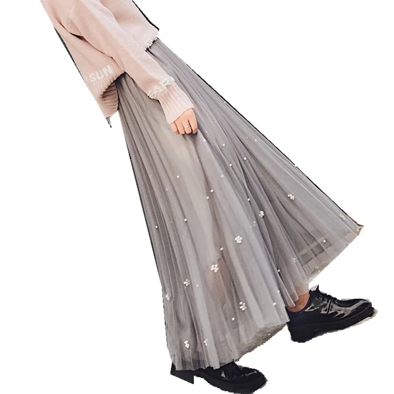 

Femininas Fashion Jupe Femme Summer Elastic Waist Mesh Midi Skirts Women High Waist Beading Slim Vintage Pleated Skirt