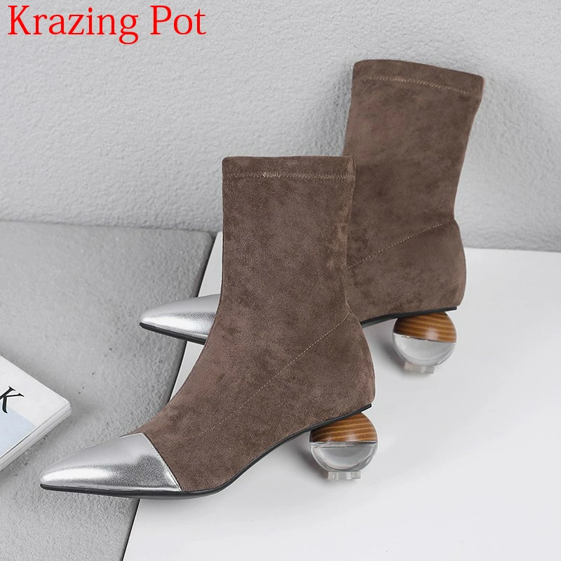 Новинка года; бархатные туфли суперзвезды из коровьей кожи в необычном стиле; растягивающиеся ботинки с острым носком; роскошные ботинки «Челси» на высоком каблуке со стразами; L82