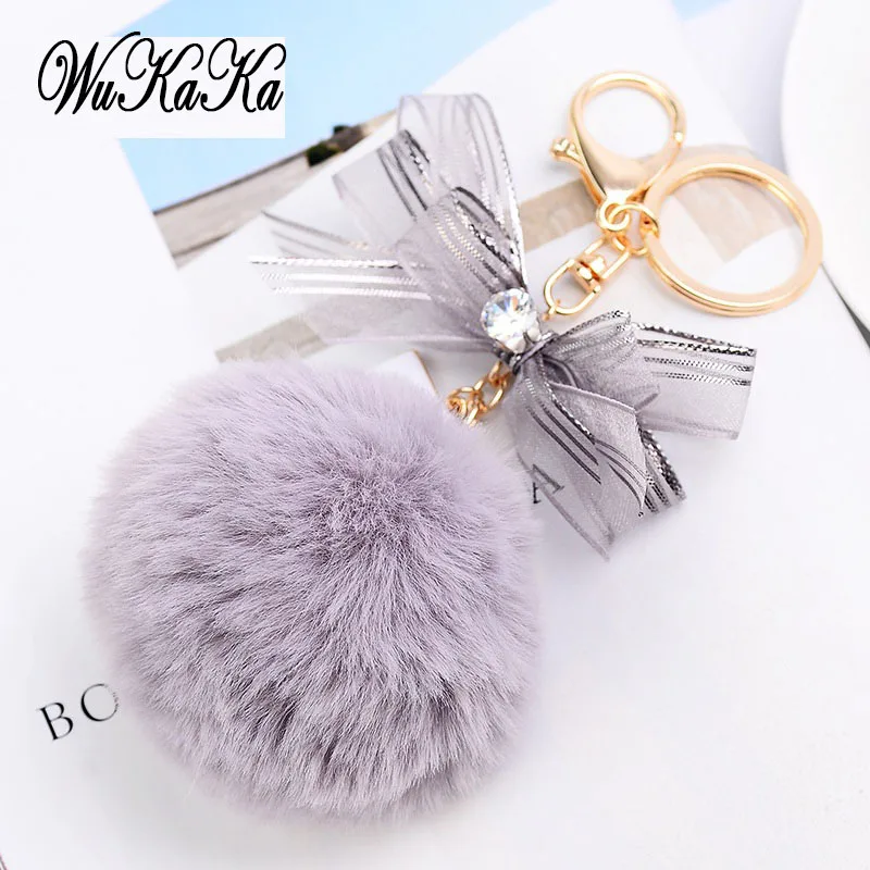 Fashion Crystal Bow tie 5 Pompom Keychain Faux Fluffy Puff Ball for Women handBag car Key Chain Ring Jewelry 2020