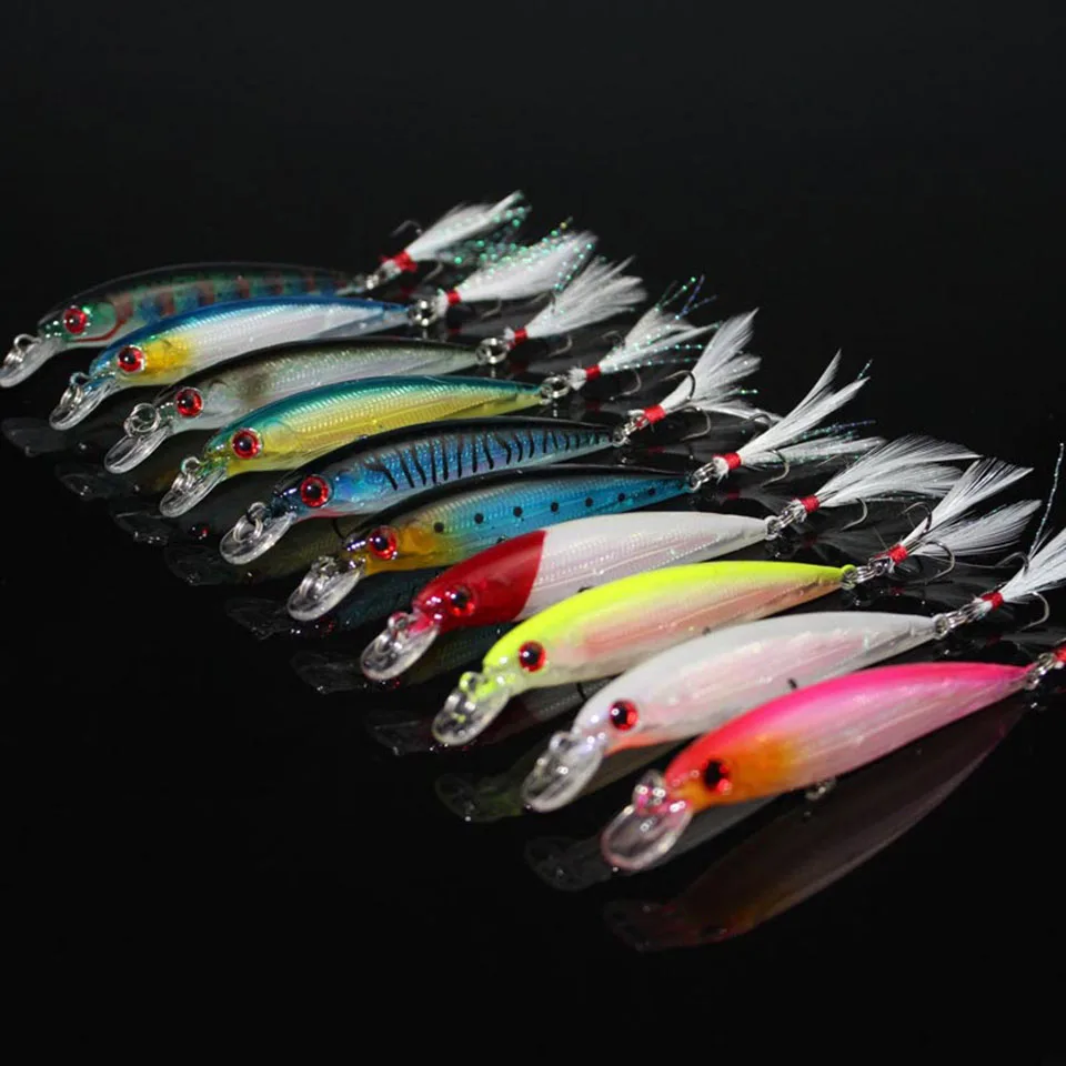 10PCS/lot 9CM/8G Lure Kit fish tackle artificial hard bait plastic lures swimbait wobbler feather Minnow Fishing lure | Спорт и