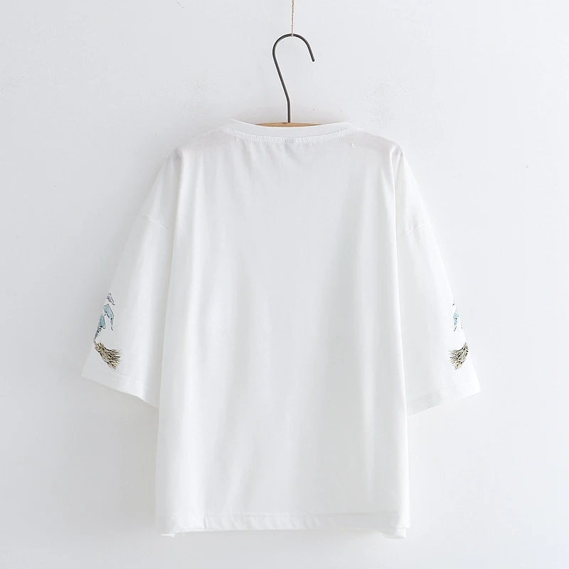 Cartoon print single pocket loose t-shirt mori girl tee top summer 2018 gorl | Женская одежда