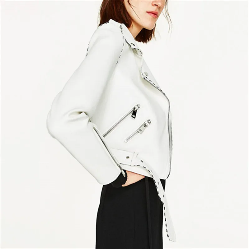 leather jacket Women Slim White Pink European New Fashion Multiple Zippers Belt Leather Coats Ladies PU Biker Woman jackets 2018 | Женская