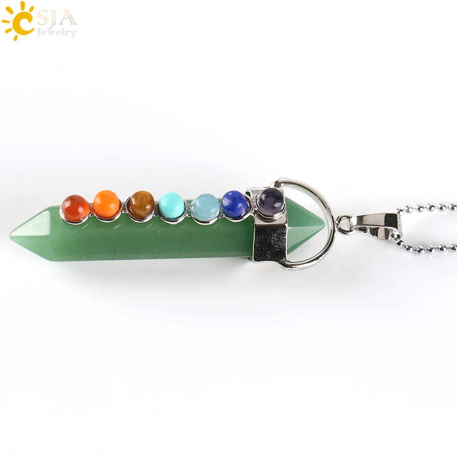 Green Aventurine Csja 7 Рэйки, лечение чакры Ожерелье Подвеска-маятник натуральный Круглый драгоценный камень шестиугольный наконечник розовый кристалл кварца Ювелирные изделия E586 - Окраска металла: Green Aventurine