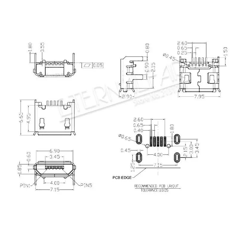 MK5P MINI USB 2.0 Type A Female Micro 5PIN 4 feet with positioningpost Straight Vertical Connector Needle Welding Wire PCB DIY |