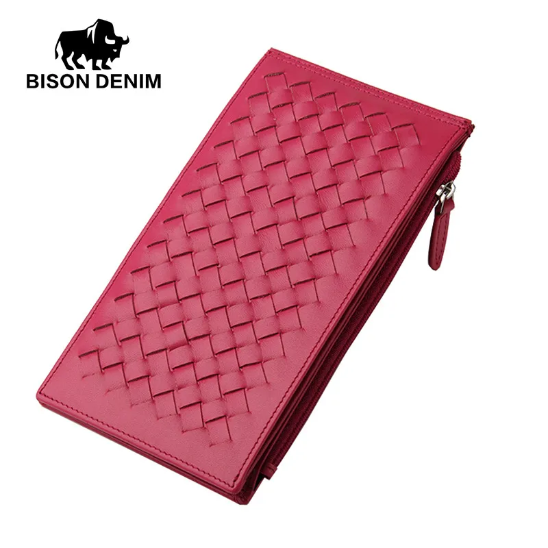 BISON DENIM, женские кошельки из воловьей кожи, на молнии, дизайнерский держатель для карт, кошелек, Женский тканый Кошелек для монет, portefeuille femme N9303 - Цвет: red