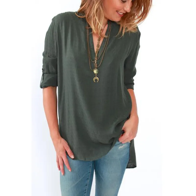 2018 на осень-зиму Новая женская модная рубашка сплошной цвет v-образным вырезом