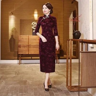 Purple velvet dress Sheng Coco Восточное бархатное платье Чонсам с китайским принтом Qipao элегантное эластичное бархатное платье-корсет Классический Qipao Китай 4XL - Цвет: Purple velvet dress