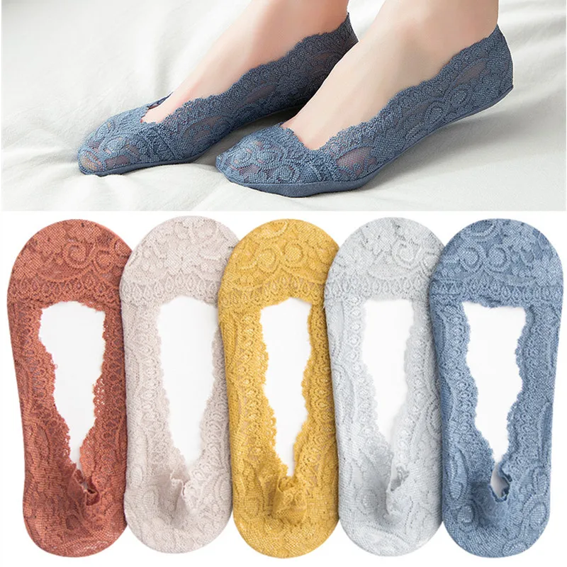 

DOIAESKV 5 Pair/lot Short Soft Elastic Lace Socks Women Summer Hollow Out Boat Socks Slippers Female Soft Low Invisible Socks