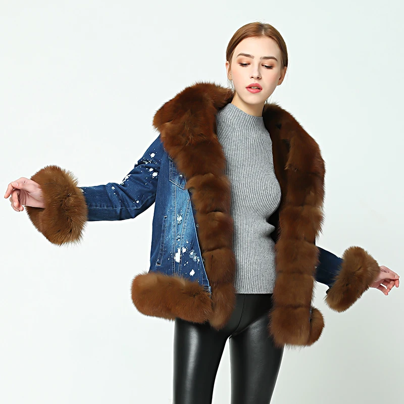 Бренд OFTBUY, парка, джинсовая парка, пальто с натуральным мехом, зимняя куртка для женщин, натуральный Лисий мех, пальто, Толстая теплая меховая парка