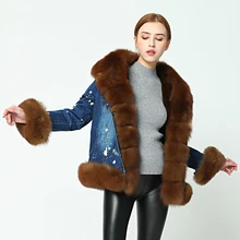 Женское джинсовое Пальто с отделкой из лисьего меха OFTBUY